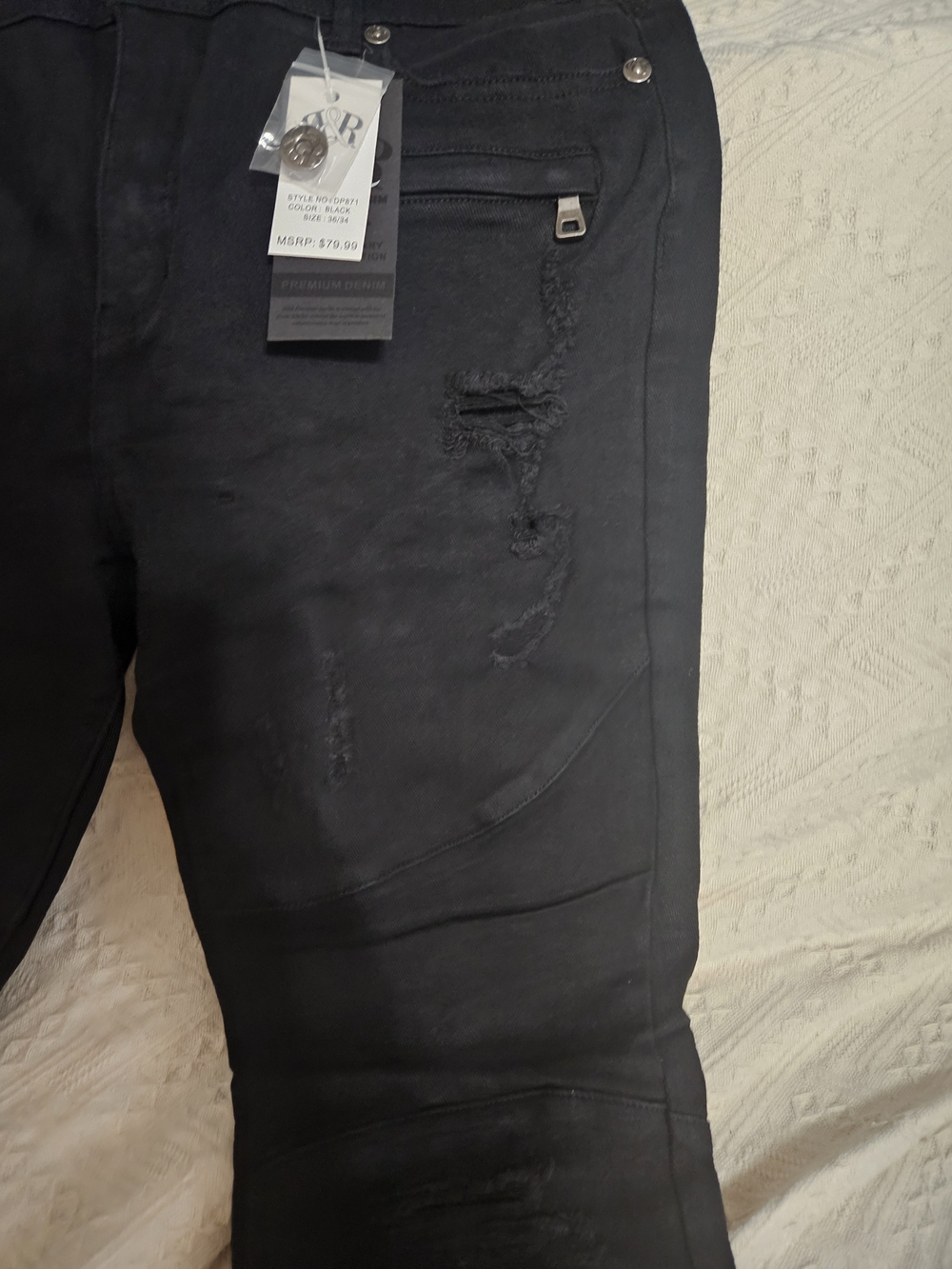 Beat & Rhythm Men's Black Distressed Moto Biker Slim Jeans DP871 36x34 NWT - Picture 4 of 7